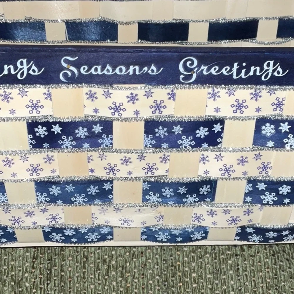 Holiday SEASONS GREETINGS Blue, Ivory, Silver Rectangular Wicker Basket handles